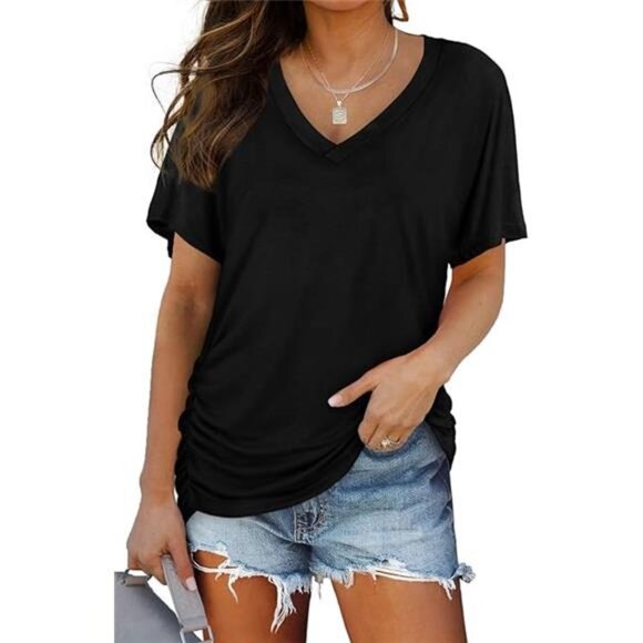 Womens Short Sleeve V Neck Dolman Tops with Side Shirring Loose Fit Shirt - Picture 6 of 6